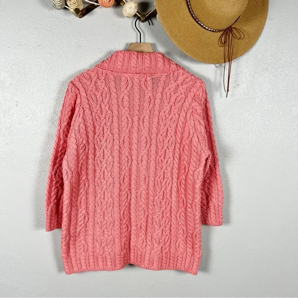 Aran Crafts Merino Wool Fisherman Cable Knit Cardigan Sweater Pink Large